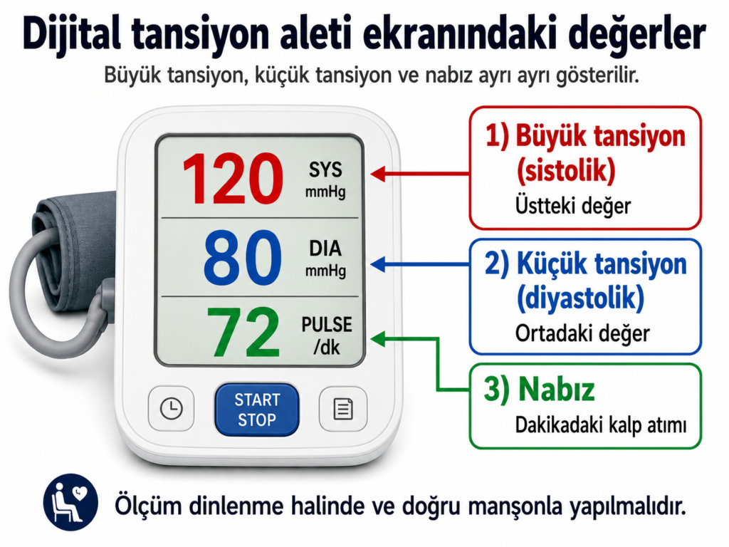 Dijital tansiyon aleti ekranında büyük tansiyon, küçük tansiyon ve nabız değerlerinin ayrı ayrı etiketlendiği sade infografik