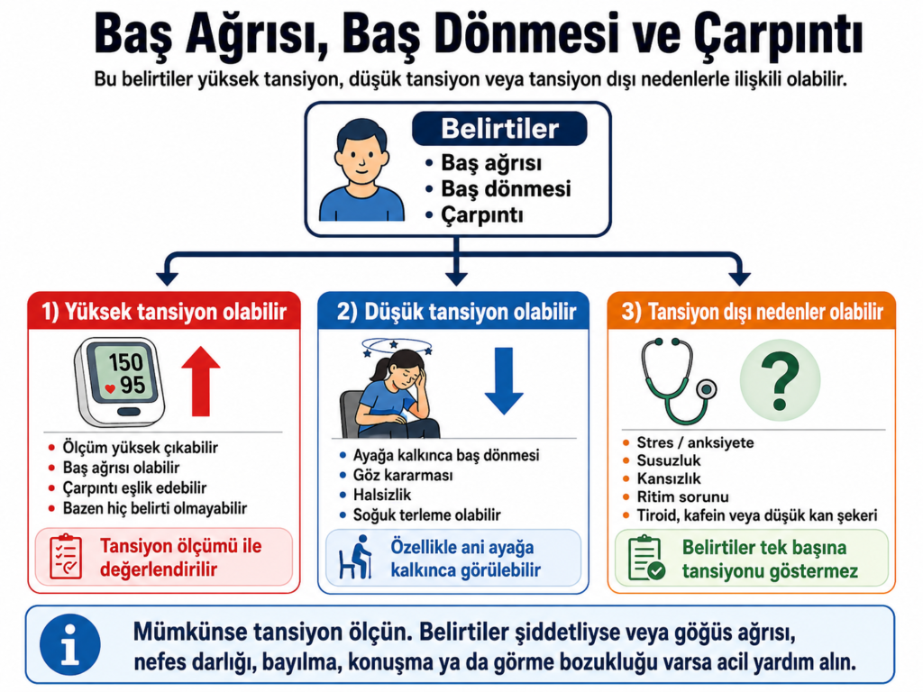 Baş ağrısı, baş dönmesi ve çarpıntı belirtilerinin yüksek tansiyon, düşük tansiyon ve tansiyon dışı nedenlerle bağlantılarını gösteren üç kollu sade karar ağacı
