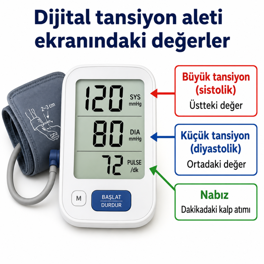 Dijital tansiyon aleti ekranında büyük tansiyon, küçük tansiyon ve nabız değerlerinin ayrı ayrı etiketlendiği sade infografik